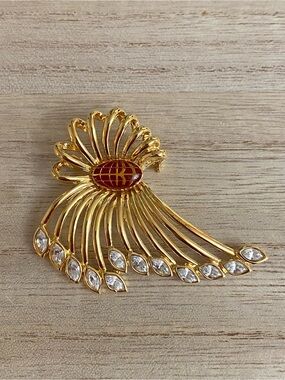 Vintage Gold Tone Crystal & Enamel Spray Statement Brooch - Stylized Globe Motif